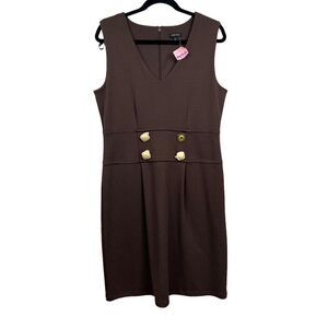 Nine West Sheath Dress Stretch V Neck Gold Buttons Sleeveless Brown Women Sz L*